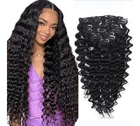 WuvuSnm Extensiones de clip de pelo humano con ondas profundas, extensiones de pelo humano invisible, #1B, color negro natural, 120 g, 7 unidades por paquete para mujeres de 45 cm