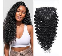 WuvuSnm Extensiones de clip de pelo humano con ondas profundas, extensiones de pelo humano invisible, #1B, color negro natural, 120 g, 7 unidades por paquete para mujeres de 14 pulgadas