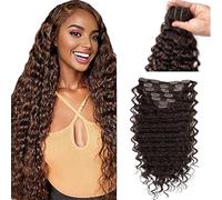 WuvuSnm Extensiones de clip de pelo humano con ondas profundas, extensiones de pelo humano invisible, #4, marrón chocolate, 120 g, 7 unidades por paquete para mujeres cabello real de 30 pulgadas