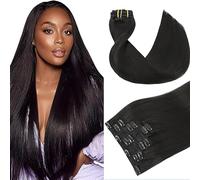 WuvuSnm Extensiones de pelo humano con clip recto, extensiones de pelo humano, pelo humano, extensiones de clip invisibles, #1B, color negro natural, 120 g, 7 unidades por paquete para mujeres cabello
