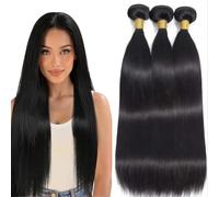 WuvuSnm Extensiones de pelo humano sin procesar, extensiones de pelo humano Remy doble trama #1B, color negro natural, 3 paquetes por paquete, total 150 g, 14, 16, 18 pulgadas