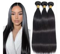 WuvuSnm Extensiones de pelo humano sin procesar, extensiones de pelo humano Remy doble trama #1B, color negro natural, 3 paquetes por paquete, total 150 g, 24, 26, 28 pulgadas