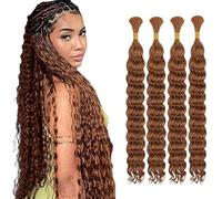 WuvuSnm Extensiones naturales de cabello humano trenzadas de pelo profundo, ondulado, sin manchas, color marrón claro, 4 trenzas por paquete, 200 g, para mujeres de 34, 34, 34, 34, 34, 34 y 34