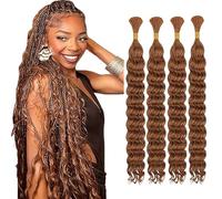 WuvuSnm Human Hair Braiding Deep Wave Boho Braids Bulk Hair Weave Natural Extensions No Weft #30 Light Brown Color 4 Braids Per Pack Total 200g for Woman 14 14 14 14 Inch