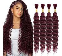 WuvuSnm Human Hair Braiding Deep Wave Boho Braids Bulk Hair Weave Natural Extensions No Weft Burgundy Color 4 Braids Per Pack Total 200g for Woman 20 20 20 20 Inch