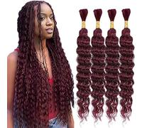 WuvuSnm Human Hair Braiding Deep Wave Boho Braids Bulk Hair Weave Natural Extensions No Weft Burgundy Color 4 Braids Per Pack Total 200g for Woman 18 18 18 18 Inch