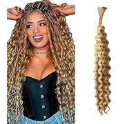 WuvuSnm Human Hair Braiding Deep Wave Boho Braids Bulk Hair Weave Natural Extensions No Weft Highlight Honey Blonde Color 1 Braid Per Pack Total 50g for Woman 24 Inch