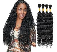WuvuSnm Human Hair Braiding Deep Wave Boho Braids Bulk Hair Weave Natural Extensions No Weft Natural Black Color 4 Braids Per Pack Total 200g for Woman 16 16 16 16 Inch