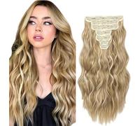 WuvuSnm Natural Wave - Extensiones de clip de pelo humano con clip, 27/613, rubio resaltado, 22 pulgadas, 120 g, 7 unidades por paquete para mujeres