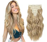 WuvuSnm Natural Wave - Extensiones de clip de pelo humano con clip de pelo humano 27/613, rubio resaltado, 28 pulgadas, 120 g, 7 unidades, por paquete para mujeres