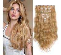 WuvuSnm Natural Wave - Extensiones de clip de pelo humano con clip de pelo humano #27, rubio miel, 14 pulgadas, 120 g, 7 unidades por paquete para mujeres