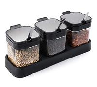 WUWEOT 3er Recipiente de Condimento de Vidrio 220ml Caja de Condimento Conjunto de Tarro de Especias Olla de Condimento de Vidrio de Cocina Transparente con Tapa Cuchara y Soporte Utensilios De Cocina