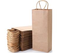 WUWEOT Paquete de 50 bolsas de vino de papel, 5.4 x 3.3 x 13 pulgadas, bolsa de vino marrón reciclable, bolsa de regalo de papel kraft con asas a granel
