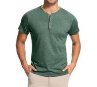 WUWUSKY Camiseta Polo Henley para Hombre Manga Corta de Algodón Monocolor con 3 Botones y Cuello de Camisa, Colorido Verde, XL