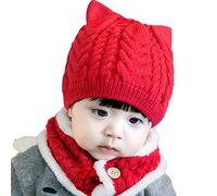 WUXIAOLINDADALA Bebé Niños Invierno 2Pcs Orejas de Gato Gorro de Punto con botón Círculo Bufanda Conjunto Rojo