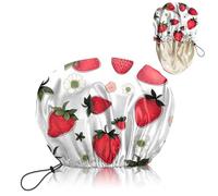 Wuxiuxiu Lujoso gorro de ducha con forro de satén, reutilizable, impermeable, elástico de doble capa, gorro de ducha ajustable, lindo y hermoso, color fresa para mujeres y niñas