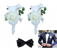 Wuyue Hua 2 flores artificiales para hombre, diseño de flores con ojal con pin y clip, flores artificiales para boda, dama de honor, ramillete blanco para boda, fiesta, regalo, 1 pajarita de mariposa.