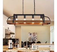 WUZUPS 4-light metal pot colgante araña imitación madera grano lineal colgante techo iluminación rústica granja accesorio cocina isla comedor, h25 x l88 x w30, e27 base, negro