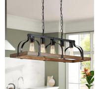 WUZUPS 5-light metal araña imitación grano de madera lineal lámpara colgante iluminación techo rústico granja grifería cocina isla comedor base E27 negro y madera retro