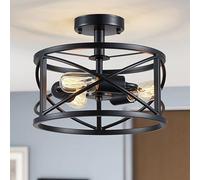WUZUPS araña 3-light vintage farmhouse industrial semi-flush mount ceiling light modern lighting fixture for foyer bedroom hall storage room kitchen bathroom, h 30 x w 24, e27 base, negro