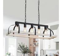 WUZUPS Lámpara colgante lineal de 5 luces de araña de metal ligero imitación grano de madera iluminación de techo rústico granja grifo cocina isla comedor base E27 negro y blanco antiguo