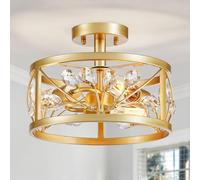 WUZUPS Lámpara de araña de hoja de cristal 3 luces Granja vintage industrial Plafón semiempotrado Luminaria moderna Vestíbulo Pasillo Trastero Cocina Baño, H 22 W 30, Oro