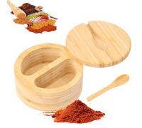 Wvu & Wvo Salero de 2 compartimentos con tapa giratoria magnética y 1 cuchara de madera pequeña, caja de almacenamiento para especias de cocina, especias, hierbas, pimienta o objetos pequeños