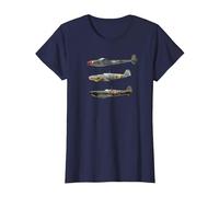 WW2 Fighter Planes RAF Spitfire P-38 Lightning Me109 Camiseta Camiseta, Mujer, Azul Marino, S