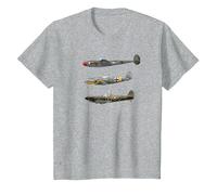 WW2 Fighter Planes RAF Spitfire P-38 Lightning Me109 Camiseta Camiseta, Niños, Gris Jaspeado, 12 años
