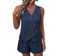 WWBPOIUY Ropa de salón para Mujer, Summer Women's Lounge Sets - 2 Piece Co-ORD Outfits with Sleeveless Waistcoat & Wide Leg Shorts for Casual Travel & Office Wear(02#Navy,XL)