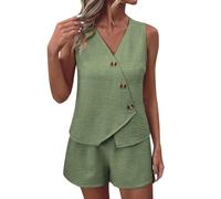 WWBPOIUY Ropa de salón para Mujer, Summer Women's Lounge Sets - 2 Piece Co-ORD Outfits with Sleeveless Waistcoat & Wide Leg Shorts for Casual Travel & Office Wear(02#Green,L)