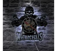 Wwbqcl Motocicletas Cráneo Reloj de Pared con Disco de Vinilo Moto Biker Cráneo Relojes de Pared con iluminación LED Decoración Colgante de Pared Iluminación con LED
