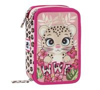 WWF - Estuche Escolar Oficial WWF, Estuche con 3 Compartimentos para niño y niña con Juego de papelería, bolígrafo borrable Azul y práctico Cierre de Cremallera, 20 x 13 x 7 cm, Leopardo, Informal
