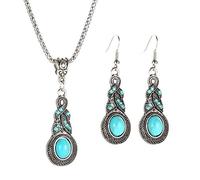 WWHJR Juego de joyas étnicas de piedra azul tibetana con colgante de turquesa y plata tibetana, decoración agradable para amigas, hermanas, juego de collar y aretes turquesa, As shown in the figure,