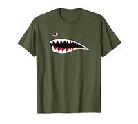WWII Shark Mouth Fighter Avión Nariz Arte Militar Camiseta, Hombre, Verde Oliva, XXL