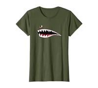 WWII Shark Mouth Fighter Avión Nariz Arte Militar Camiseta, Mujer, Verde Oliva, S