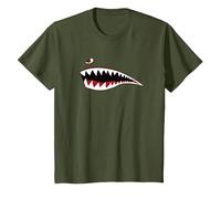 WWII Shark Mouth Fighter Avión Nariz Arte Militar Camiseta, Niños, Verde Oliva, 3 años