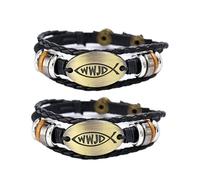 WWJD - 2 pulseras de cuero para hombre y mujer, pulsera tejida a mano con cuentas de pez, joyería cristiana católica, One Size, Cuero, No es una piedra preciosa