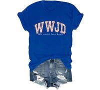 WWJD - Camiseta de manga corta con texto en inglés "What Would Jesus Do", versículo bíblico cristiano, con cuello redondo, azul real, M