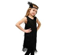 WWricotta Vestido Flapper para niñas, Vestido de Baile con Flecos y Lentejuelas, Vestido de Tango con borlas, Disfraz de salón con Diadema de Plumas Larga Mujer Negra
