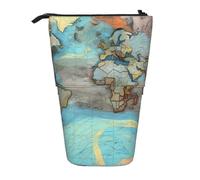 WXCJWD Lápiz retráctil telescópico con diseño de mapa del mundo de dibujos animados, bolsa de maquillaje portátil y caja de almacenamiento de papelería, adecuada para entornos de oficina