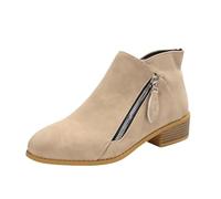 WXDTW Botines de gamuza con tacón grueso para mujer, con cremallera lateral, casuales, para caminar, botas cortas de equitación, piel sintética delgada para mujer, Khaki, 39.5 EU