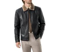 WXDTW Chaqueta de piel sintética para hombre, chaqueta de invierno con forro polar, chaquetas de cuero vintage con cremallera y cuello de solapa de piel, Negro, XL