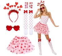 Wxeadu Disfraz de Amor para mujer, disfraz de Cupido, disfraz de Amore para mujer, juego de 6 piezas con diadema de corazón, gafas de sol rojas, falda tutú blanca, tatuaje facial, medias para carnaval