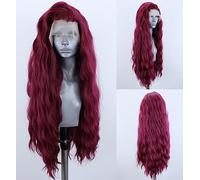 WXHWCX Pelucas sintéticas de encaje frontal de color rojo vino, raya libre, ondulada, resistente al calor, fibra capilar natural, sin pegamento, pelucas de encaje para mujer, peluca de cosplay