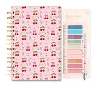 Wxiben Cherry Spiral Notebook Stationery Gifts 3Pcs with Cherry Bow Hardcover Notebook Journal (5.5x8.2inch), Pen, Sticky Notes, Cherries Lovers Students Woker Back to School Christmas Office Gifts