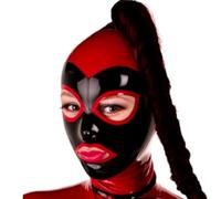 WXLPCGO LáTex Cabeza Cubrir con Cola de Caballo Rojo MáScara de Goma con Cremallera Trasera BDSM Cosplay Club Fiesta Unisex(Size:XXL-73CM)