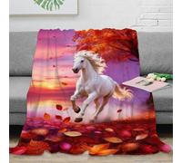WXLWHR Manta De Franela Caballo Blanco, Manta para Sofá con Diseño De Hojas Rojas al Atardecer, Súper Suave Y Cálida para Dormitorio, Sofá, Campamento 40x50inch(100x130cm)