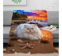 WXLWHR Manta De Franela Gato Persa, Manta para Sofá con Diseño De Playa al Atardecer, Súper Suave Y Cálida para Niños, Adultos 50x60inch(127x152cm)