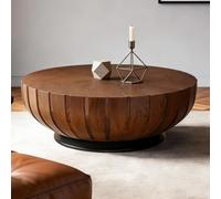 Wxnnx Mesa De Centro Redonda De 90 Cm, Mesa De Centro De Estilo Rústico Moderno con Vetas De Madera, Mesa De Centro Baja con Forma De Cuenco Y Base Negra, Mesa Auxiliar Decorativa